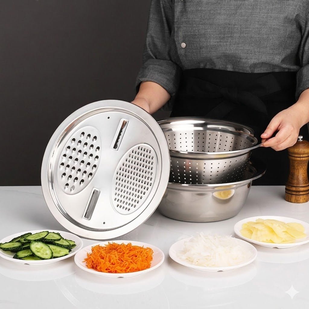 3 In 1 Vegetable, Slicer, Cutter, Grater, Drain Basket, Stainless Steel Vegetable Salad Maker Bowl , Kitchen Accessories Gadget