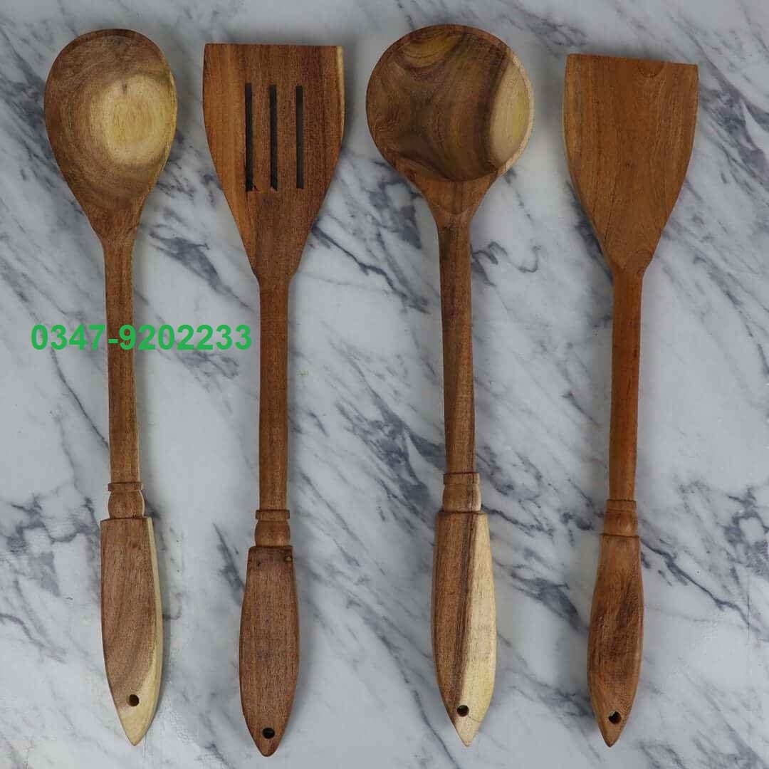 4 Piece Fancy Wooden Cooking Utensils Set of Spoons for Non-Stick Cookware