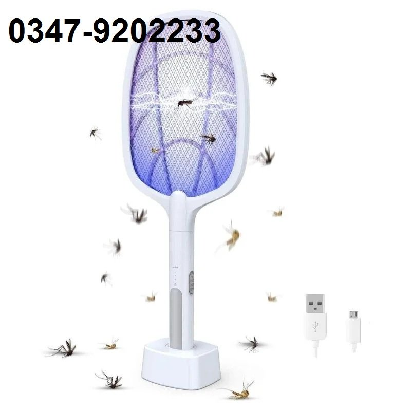 2 in 1 Mosquito Killer Racket – USB Rechargeable Electric Fly Swatter with UV Light & Standing Base – Insect Killer for Indoor and Outdoor Use