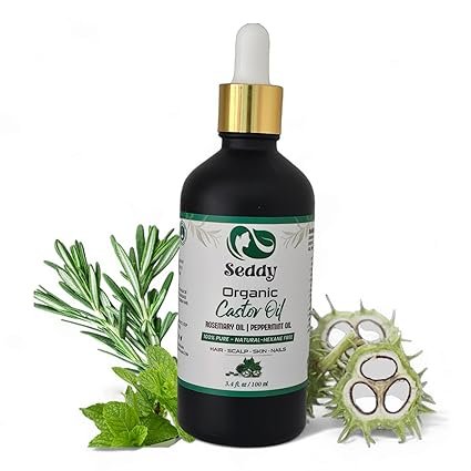 Seddy Organic Castor Oil with Rosemary & Peppermint in Dark Glass Bottle - Cold Pressed | Hexane-Free | Scalp, Hair, Eyelashes, Eyebrows, Skin, & Nails | Hair Treatment Oil - 3.4 Fl. Oz
