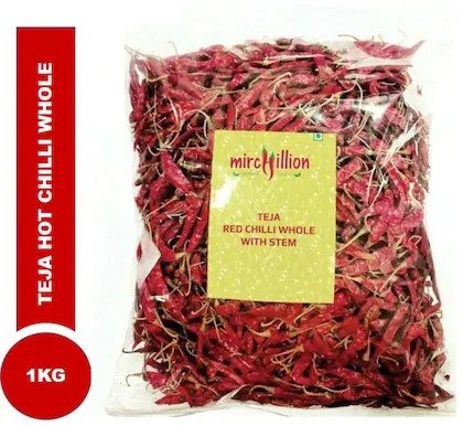 Mirchillion 1kg Teja Red Chilli Whole with stem - Super saver pack