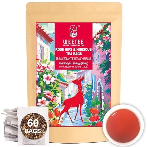 WT WEETEE Rosehips Hibiscus Tea Bags, Made with Rosehip & Hibiscus Flowers, Natural Caffeine-free Herbal Tea 2.5g x 60 Counts Visit the WT WEETEE Store