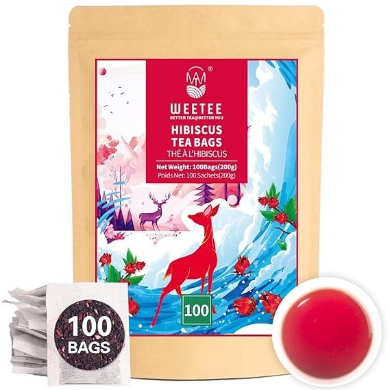 WT WEETEE Hibiscus Tea Bags, Made with 100% Pure Hibiscus Flowers, Natural Caffeine-free Herbal Tea, Tangy & Refreshing, Brew Hot or Iced Visit the WT WEETEE Store