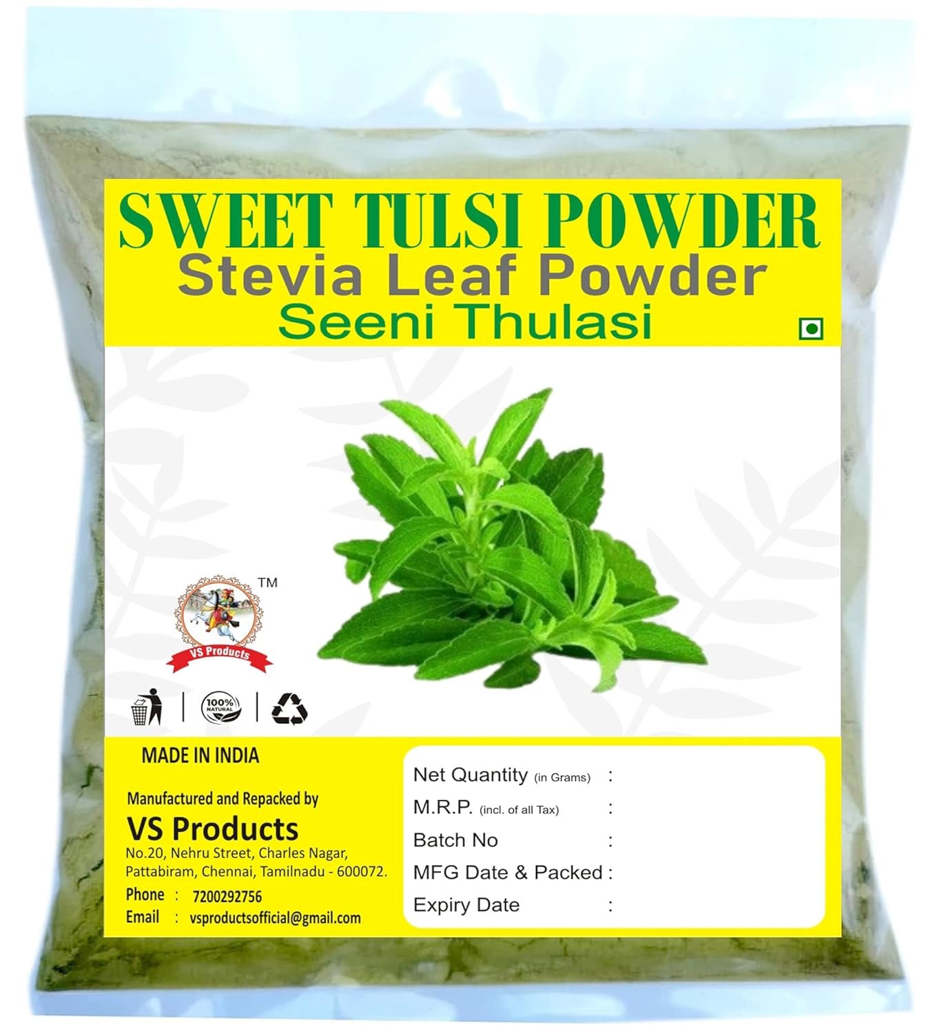 VS Products Stevia Powder, 100g, Sweet Tulsi, Rebiana, Seeni Thulasi Leaves Powder, 100g