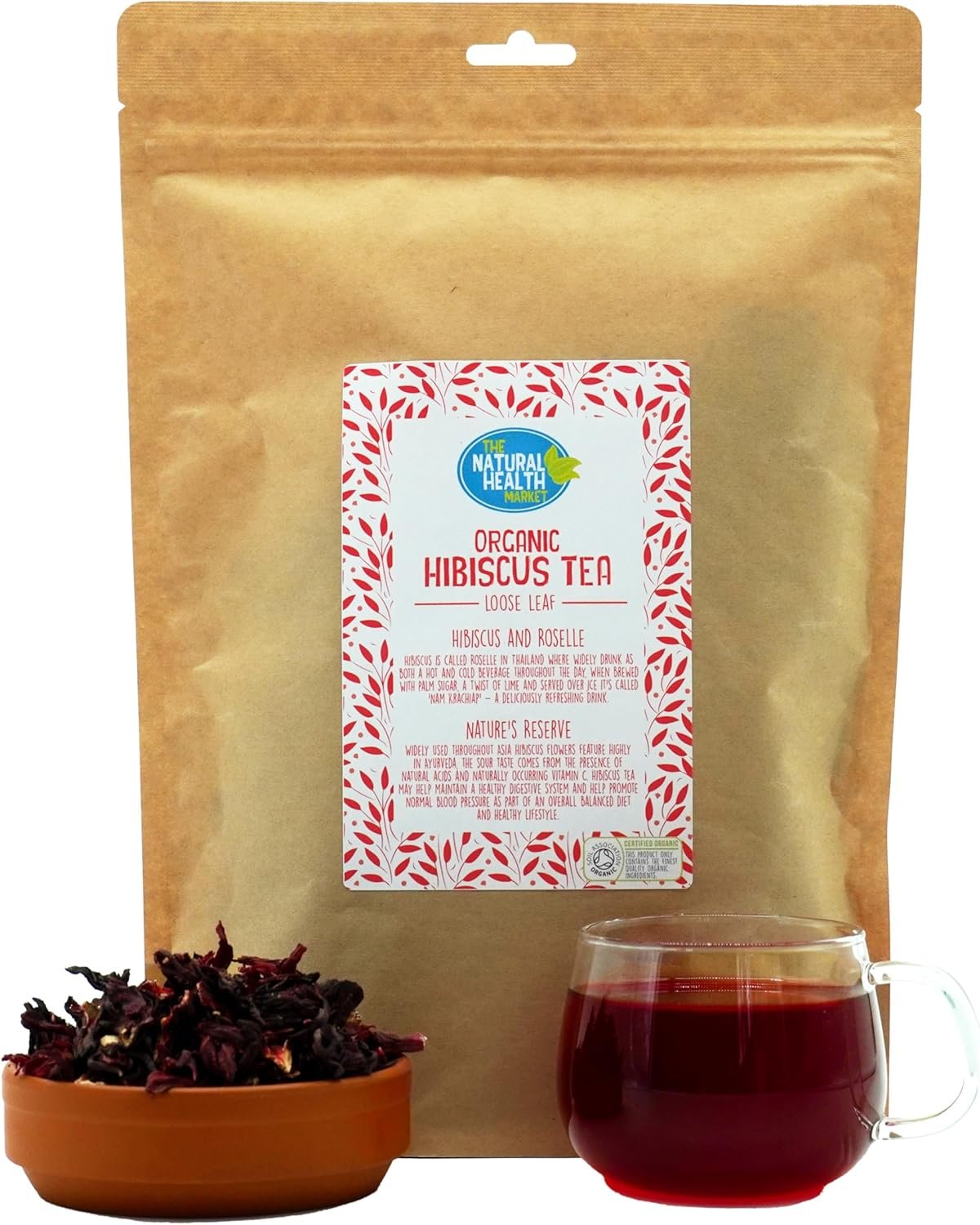 Organic Hibiscus Loose Leaf Tea (200g) By The Natural Health Market | Soil Association Certified Organic Whole Hibiscus Flowers | Climate Pledge Friendly | Pure, Caffeine-Free Herbal Tea (Made in UK)