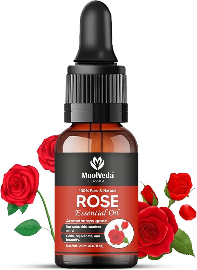 Moolveda 100% Natural & Therapeutic Grade Rose Essential Oil For skin, face and hair care, Rose Essential oil for Diffuser, Soap Making, Home Fragrance, For Perfume, 20ml