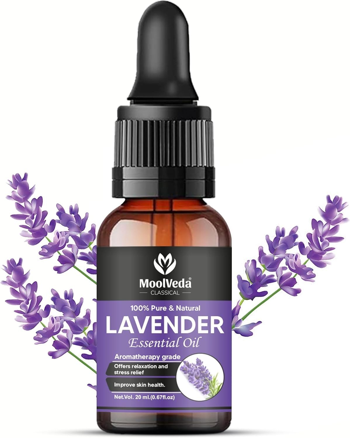 Moolveda 100% Natural & Therapeutic Grade Lavender Essential Oil for Face, Skin & Hair Growth, Use For Diffuser & Home Fragrance, Good Vibes, Lavender Oil For Body Massage Man & Women, 20ml