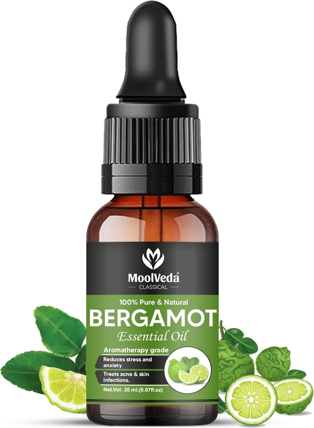 Moolveda 100% Pure & Original Bergamot Essential Oil for Skin, Hair and Stress Relief, Making of candles, Natural and Therapeutic Grade Essential Oil, 20ml