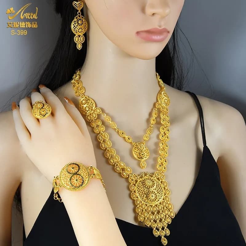Gold-Plated Pendant Jewelry Set Bridal Wedding Jewelry Sand Gold Long Necklace Bracelet Ring Earrings Cross-Border Best-Selling Model