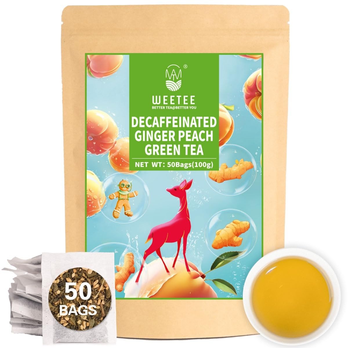 WT WEETEE Decaf Ginger Peach Green Tea Bags, Made of Decaffeinated Green Tea, Ginger & Natural Peach Flavor, Flavored Fruit Tea Bags 50 Counts Good for Iced