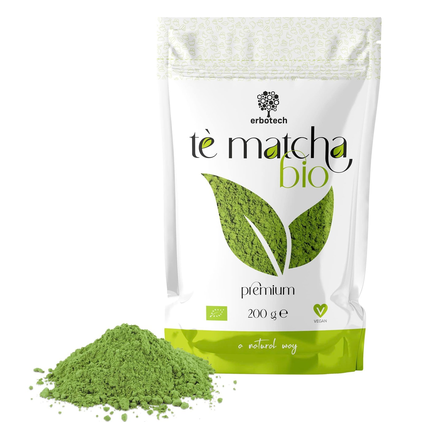 ERBOTECH - BIO Matcha Tea/Organic Japanese Green The Powder 200g 100% Natural Multivitamin Vegan. Ideal for Cakes Smoothies Iced T 200 g (Pack of 1)