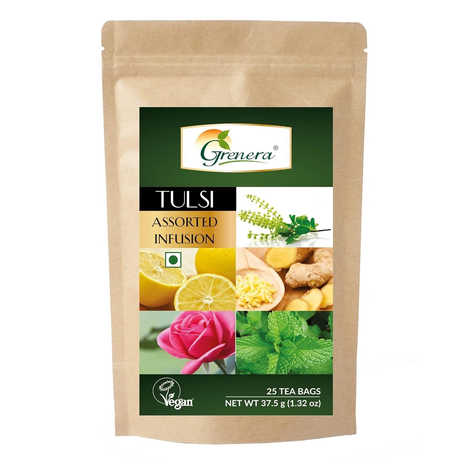 Grenera Tulsi Assorted Infusion 25 Tea Bags | Caffeine Free, Staple Free, Made with organically grown holy basil leaves
