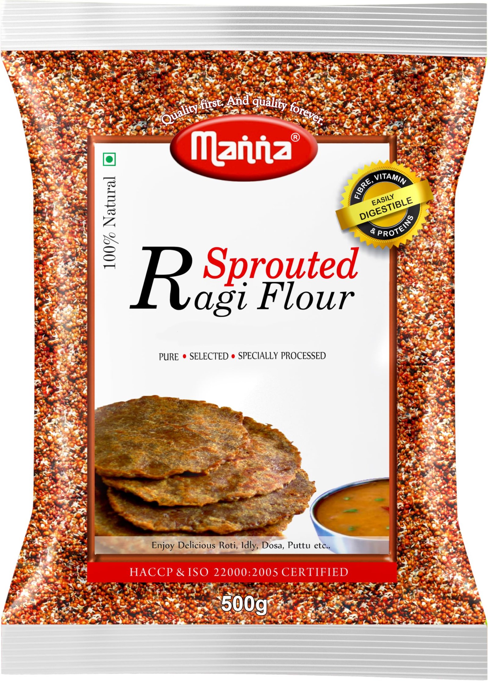 Manna Sprouted Ragi Flour, 1Kg | 100% Natural Sprouted Finger Millet Flour | Nachni Atta | Kelvaragu Flour | Rich in Calcium & Protein 500g (Pack of 2)