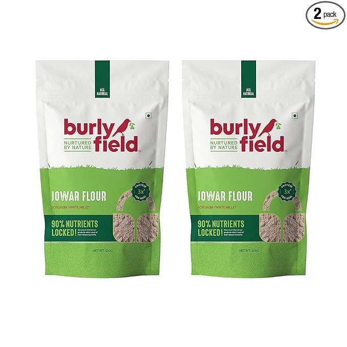 BURLY FIELD 100% Natural Jowar Flour (Sorghum Flour) |Jowar Atta Whole Grain Flour Healthy Gluten Free High Protein Rich Jowar Flour 1 Kg (Jowar Flour 500g x 2)
