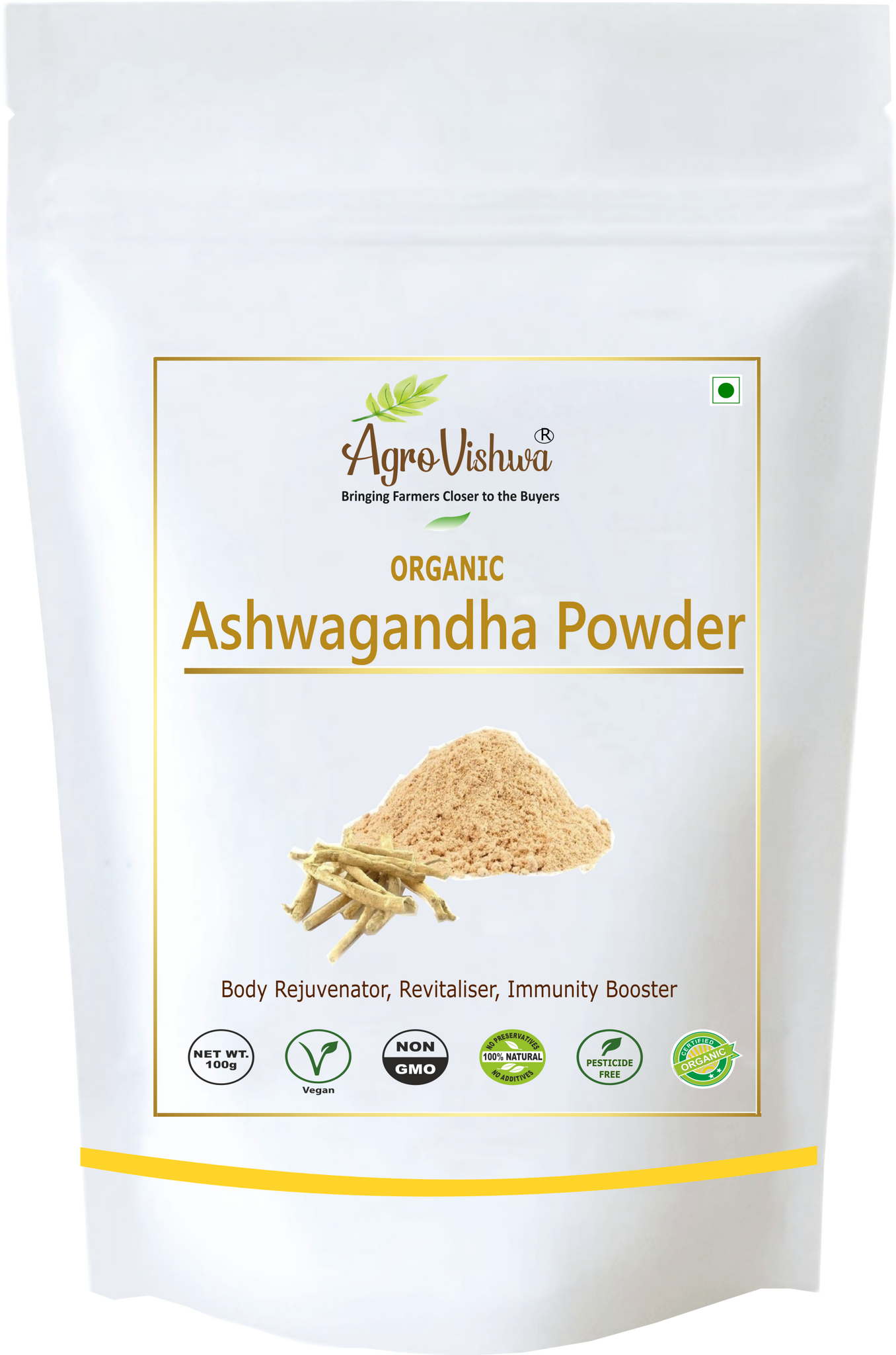 Agrovishwa Organic ASHWAGANDHA Powder | Premium Quality | Immunity Support | Resealable Pouch (100g)
