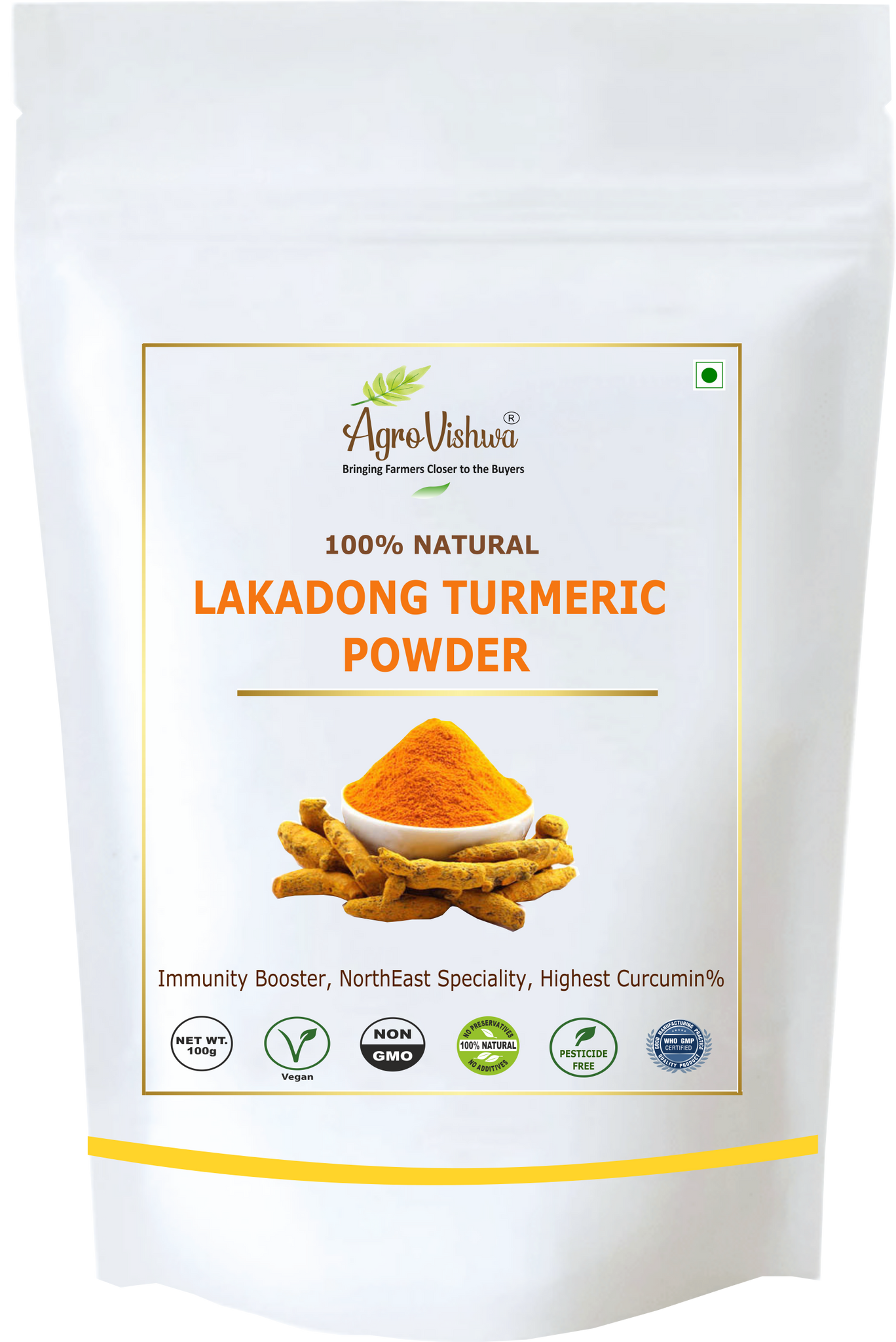 Agrovishwa LAKADONG TURMERIC Powder | Himalaya North-East Special| High Curcumin%, Intense Aroma| 100 gms Resealable Pouch | For healthy inflammatory, Immune system