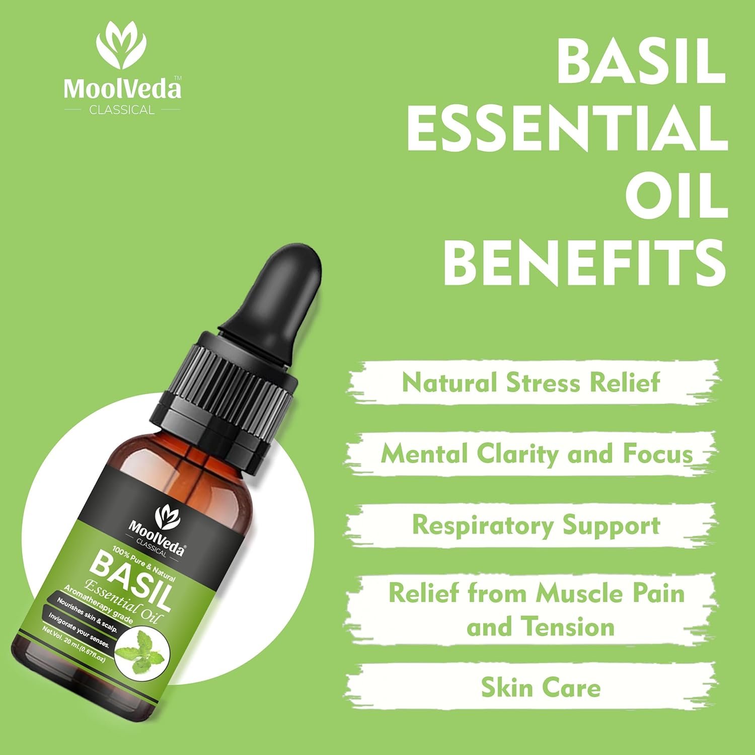 Moolveda 100% Natural & Therapeutic Grade Basil Essential Oil For Perfect For Cough, Colds, Clear Breathing, Pain, Mosquito Repellent, Aromatherapy, Relaxation, 20ML