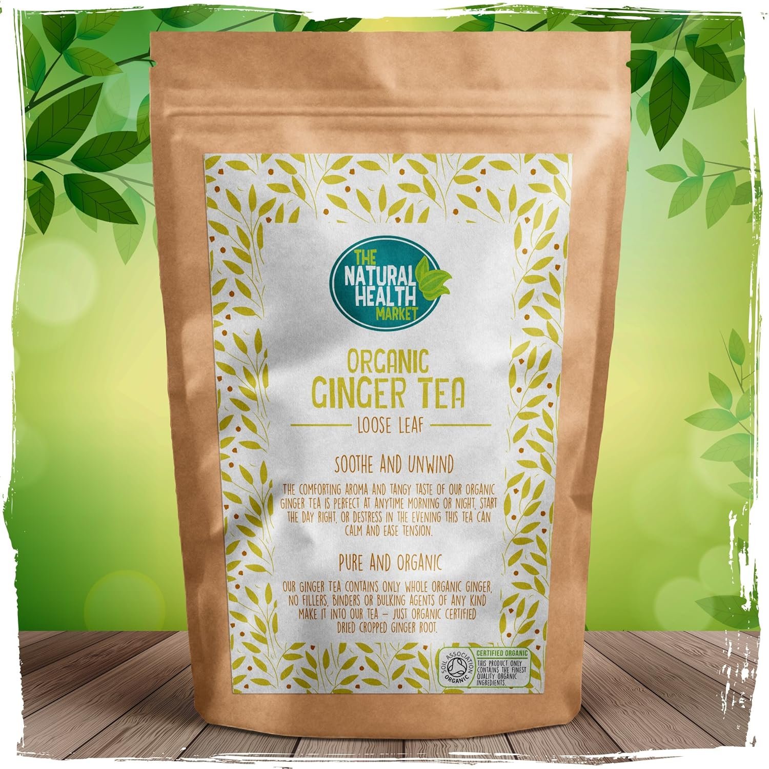The Natural Health Market Organic Ginger Loose Leaf Tea 200g | Soil Association Certified | Ginger Tea Organic | Made in UK | Vegan, Healthy Tea | Spiced Tea for Digestion | Climate Pledge Friendly