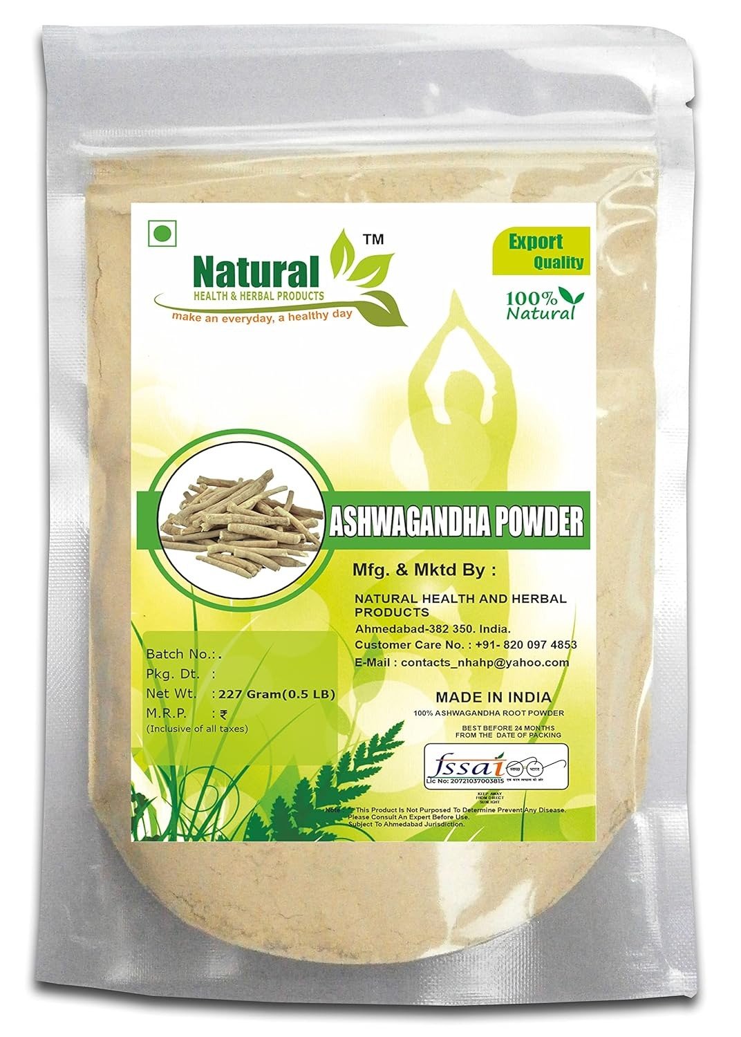 Natural Health and Herbal Products Premium Ashwagandha Powder-Withania Somnifera- Helps fight anxiety and stress-For Height Growth, Skin Care, Weight Loss, Hair Care and Immunity Booster - 227 Gram