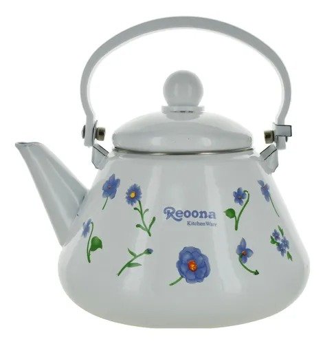 Enameled Kettle 1.3lt Round Stamped C/flowers