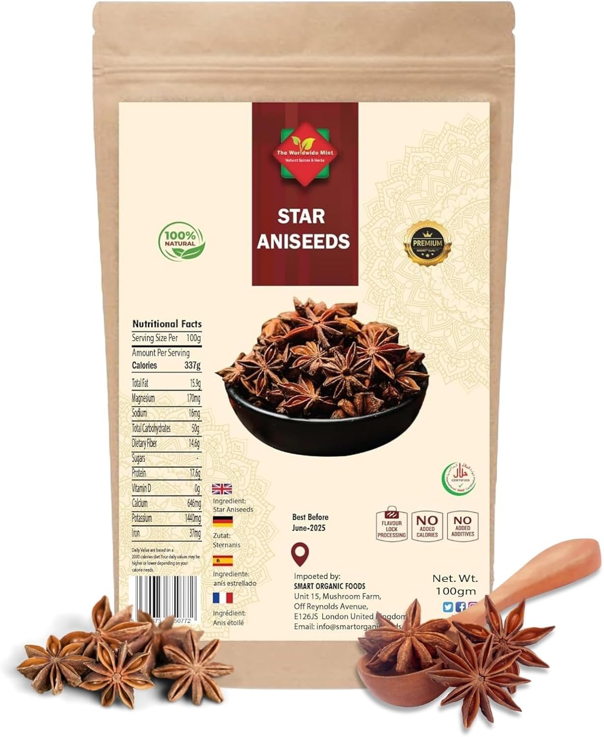 Star Anise | Aniseeds | Badiyan | Whole Seeds | Premium Quality | Natural | Vegan | Non GMO | No Additives | No Preservatives | 100g