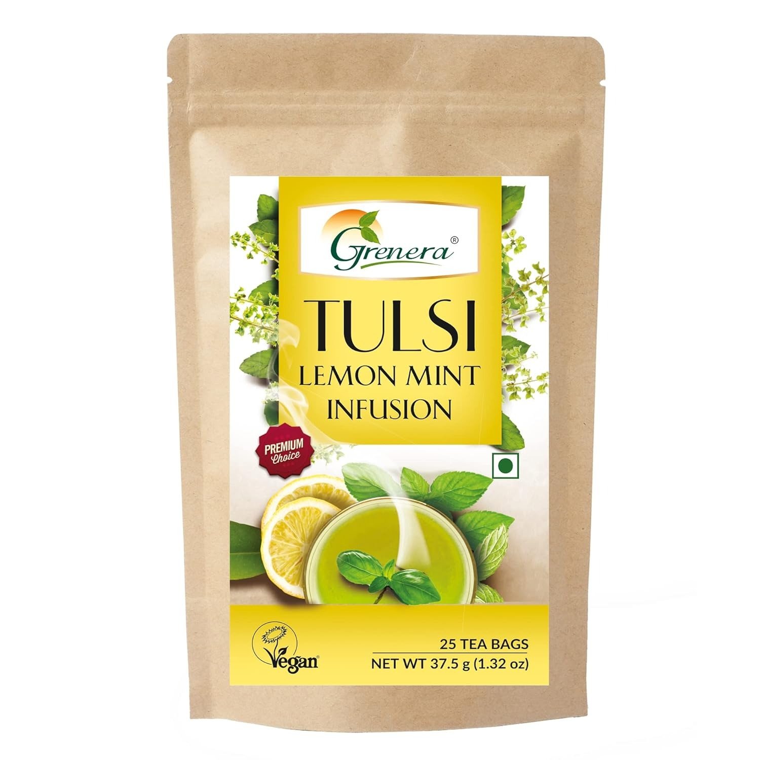 Grenera Tulsi Lemon Mint Infusion 25 Tea Bags | Made with Organically Grown Holy Basil Leaf, Lemongrass, Licorice | Caffeine Free, Staple Free