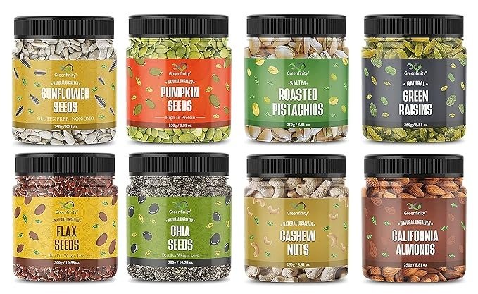 GreenFinity Dry Fruits & Seeds Combo Pack 2100g (Almonds, Cashews, Pistachios, Raisins, Pumpkin, Sunflower Seeds - 250g, Flax Seeds & Chia Seeds - 300g) - All Premium.