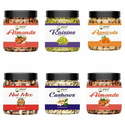 PIYOR Premium Quality Dryfruits Combo Pack of 900g |Almonds|Cashews|Raisins|Apricot|Nutmix|Almond (6x150g)