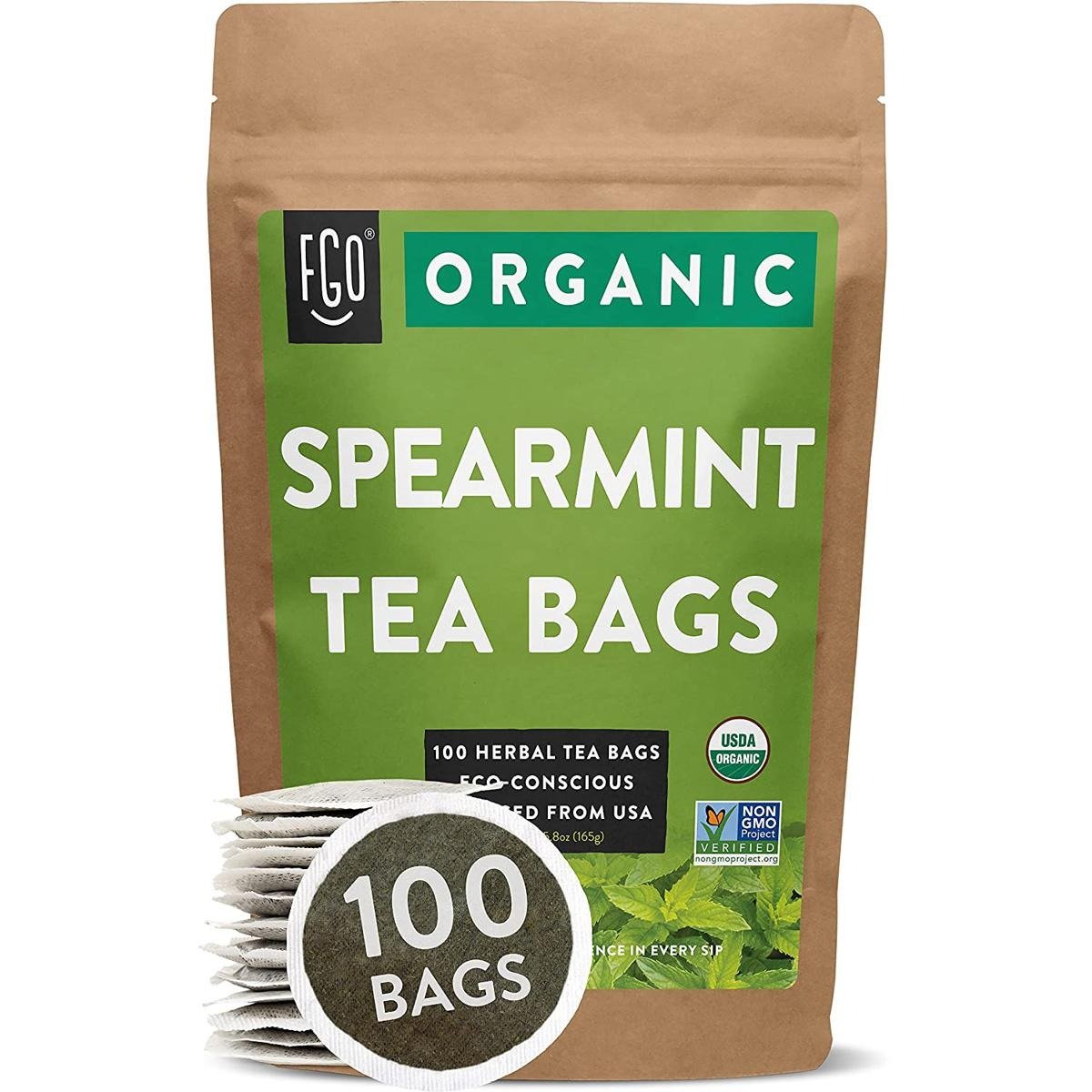 FGO Organic Spearmint Leaf Tea, Eco-Conscious Tea Bags, 100 Count (Pack of 1)