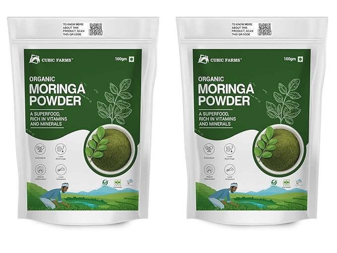 CUBIC FARMS Organic Moringa Powder | 100% Certifed Organic | 200 grams (Pack of 2 of 100 gms each)