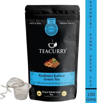 TEACURRY Kashmiri Kahwa Detox Green Tea | 100g of Kahwa Tea + Mesh Infuser COMBO | Desi Detox Tea | Almond, Rose, Cardamom, Green Tea | Weight Loss Tea | Kashmiri Kahwa Tea Leaves Green Tea Vacuum Pack (100 g)