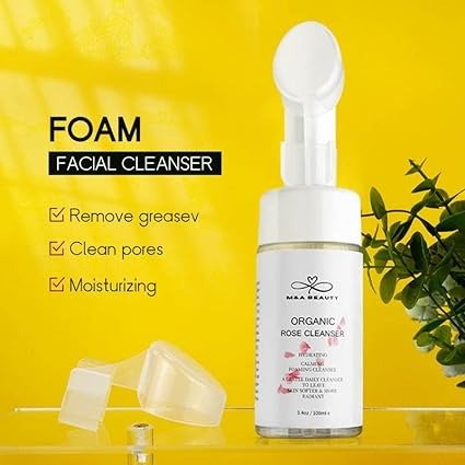 BEAUTY Organic Rose Foam Cleanser- Face Wash & silicone scrub brush attached with Vitamin C