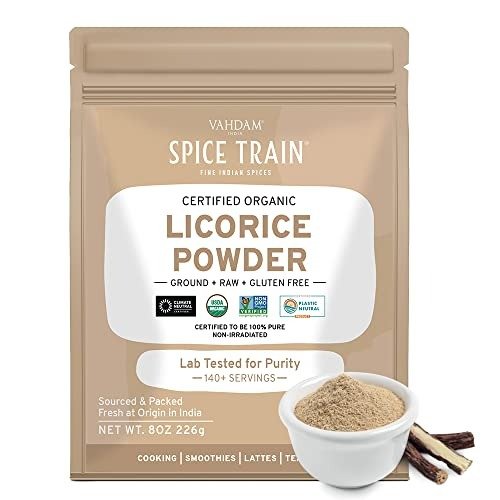 Spice Train, Handpicked Organic Licorice Powder/Glycyrrhiza Glabra (226g/ 8oz) USDA Organic, Non-GMO, 100% Raw Mulethi Powder/Licorice Root Extract from India in Resealable Zip Lock Pouch100gm