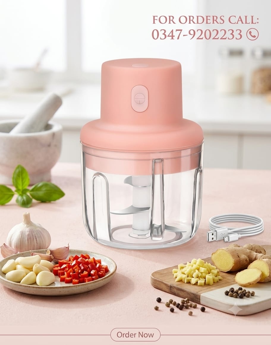 Portable Electric USB Rechargeable Fruit Vegetable Onion Garlic Cutter Mixer Blender Mincer Grinder Food Speedy Chopper Cordless Mini Food Processor for Kitchen Food Fruits Chopper Ginger Pepper Crusher Wet Dry Mini Slicer Salad (Pink, 250 ml)