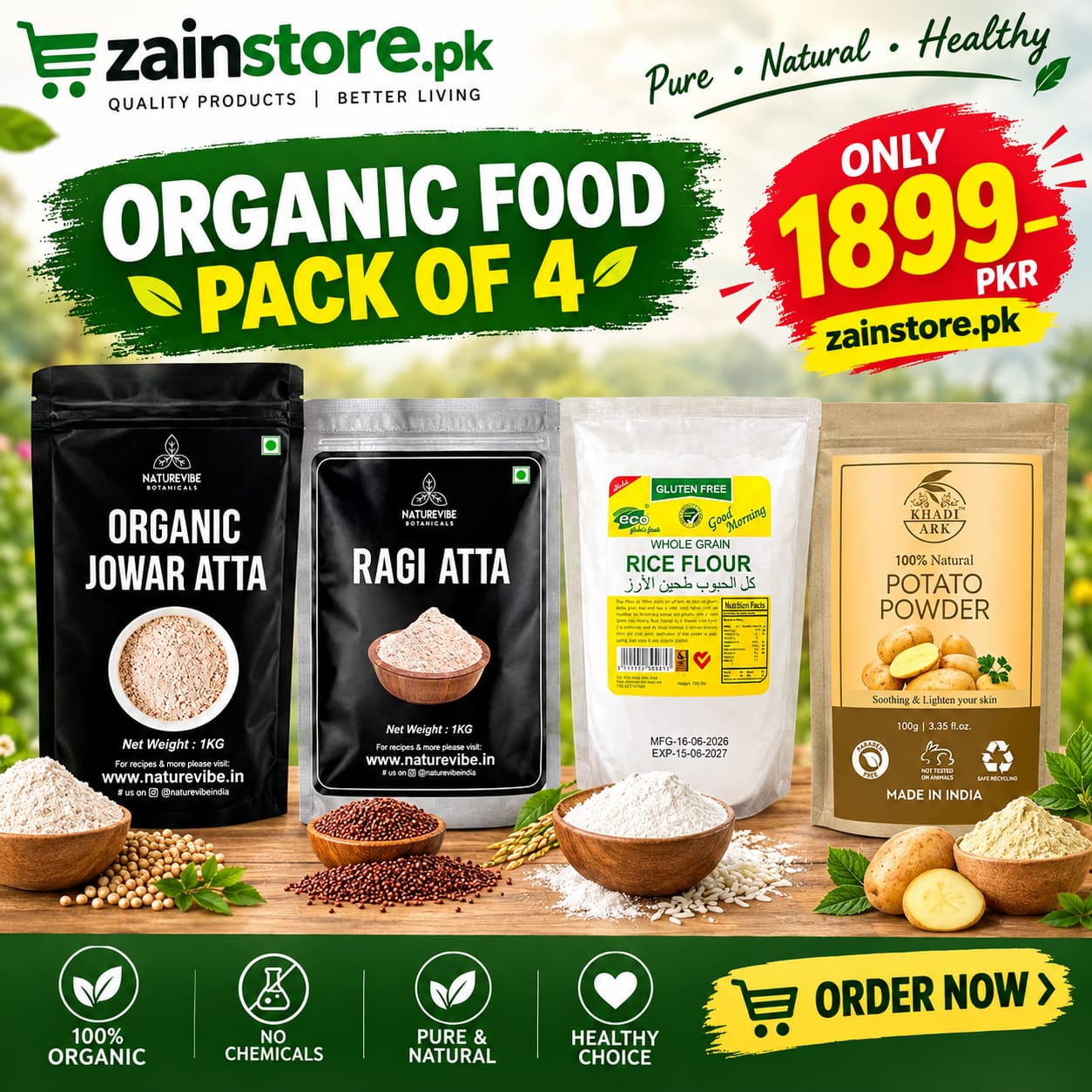 pack of 4 jawar atta 1kg ragi atta 1kg pototo powder 100g rice atta 700g