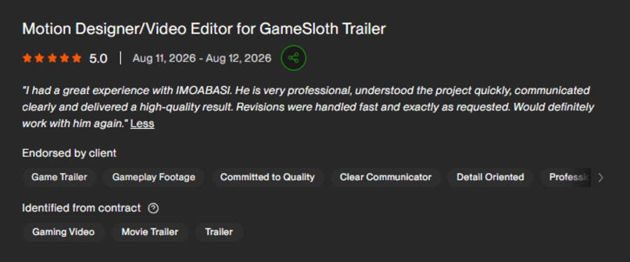 Screenshot of a five-star Upwork review left by Nick of gamesloth.app for video editing work by Richard Saviour.