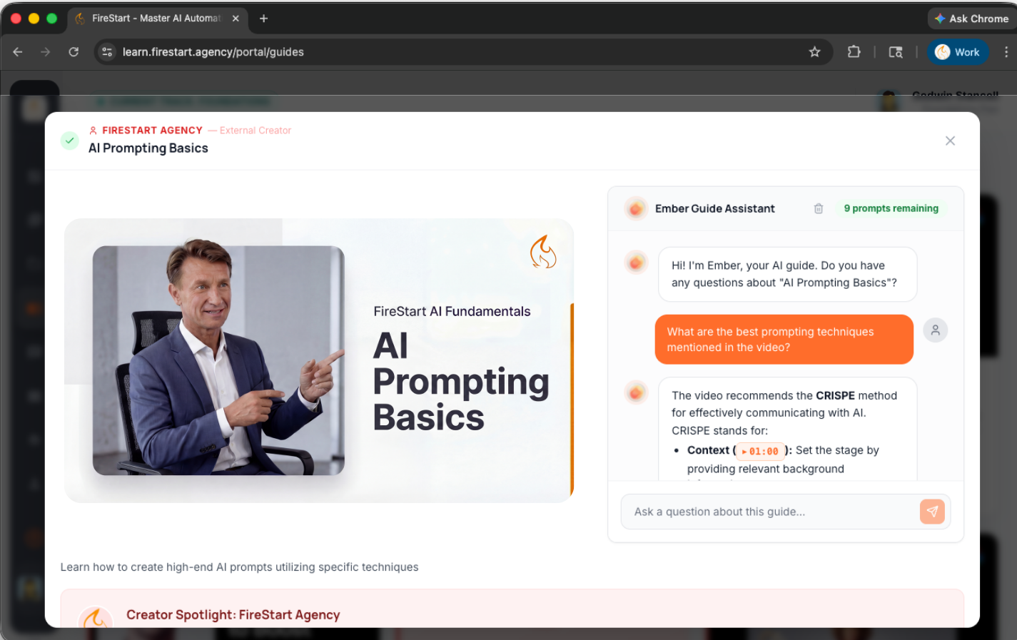 FireStart platform — video guides with Ember AI assistant