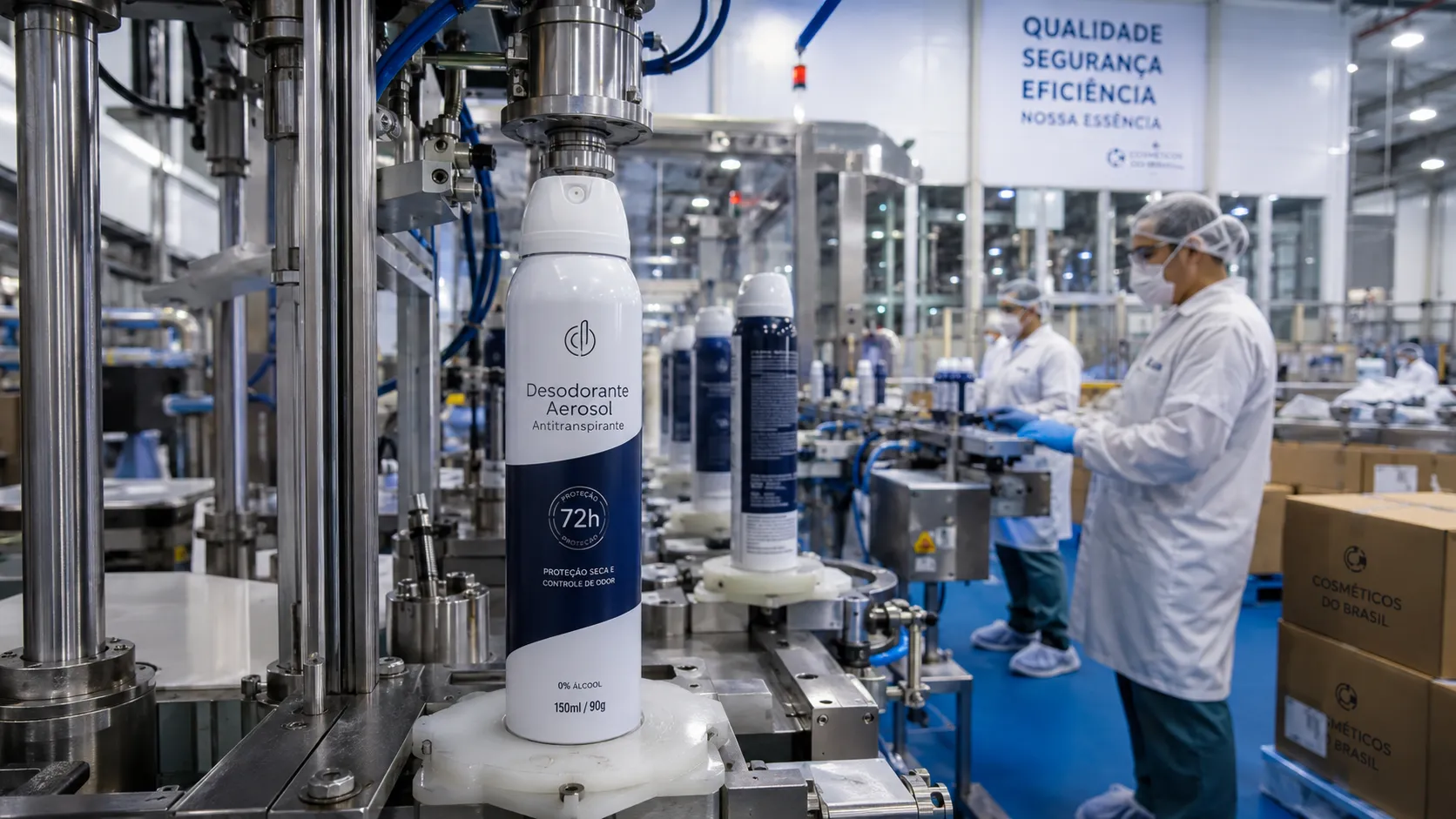 Produção de desodorante aerossol em escala industrial na fábrica da Lary