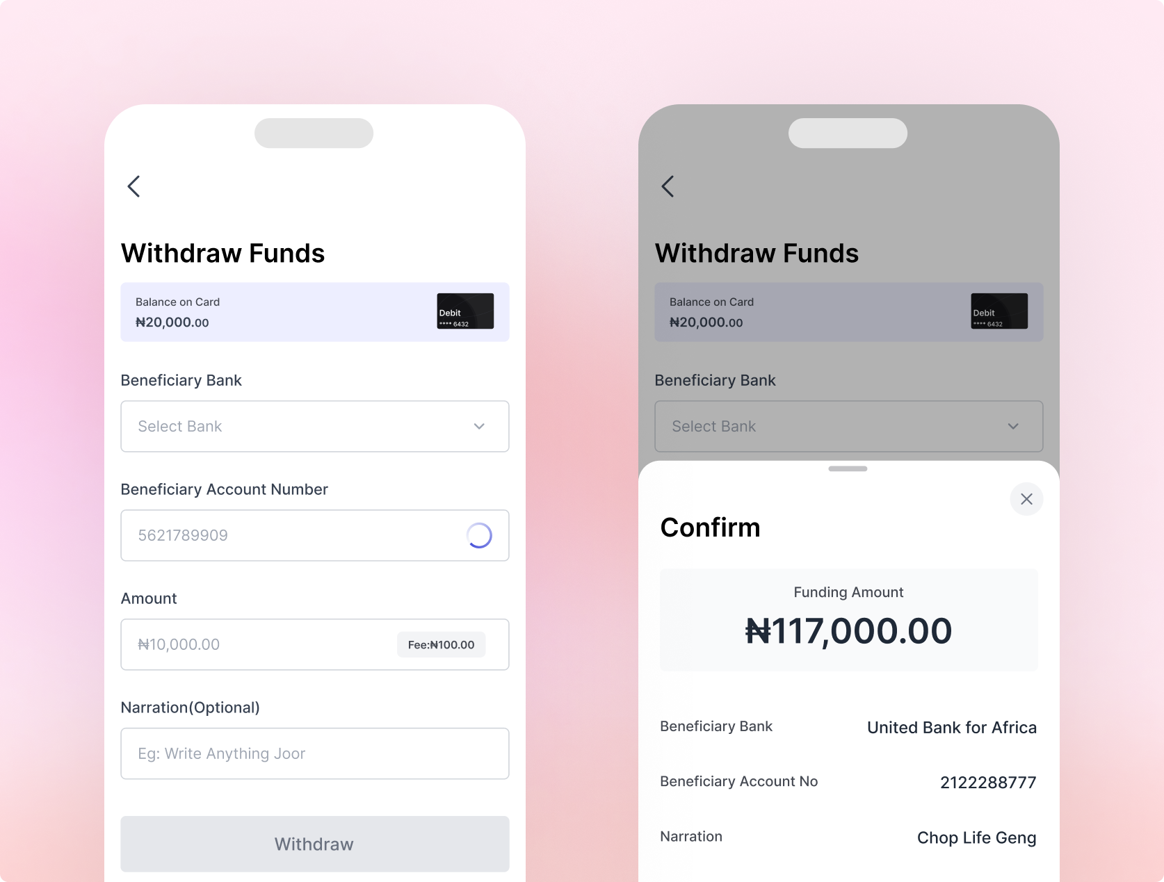 Fund and withdraw confirmation states