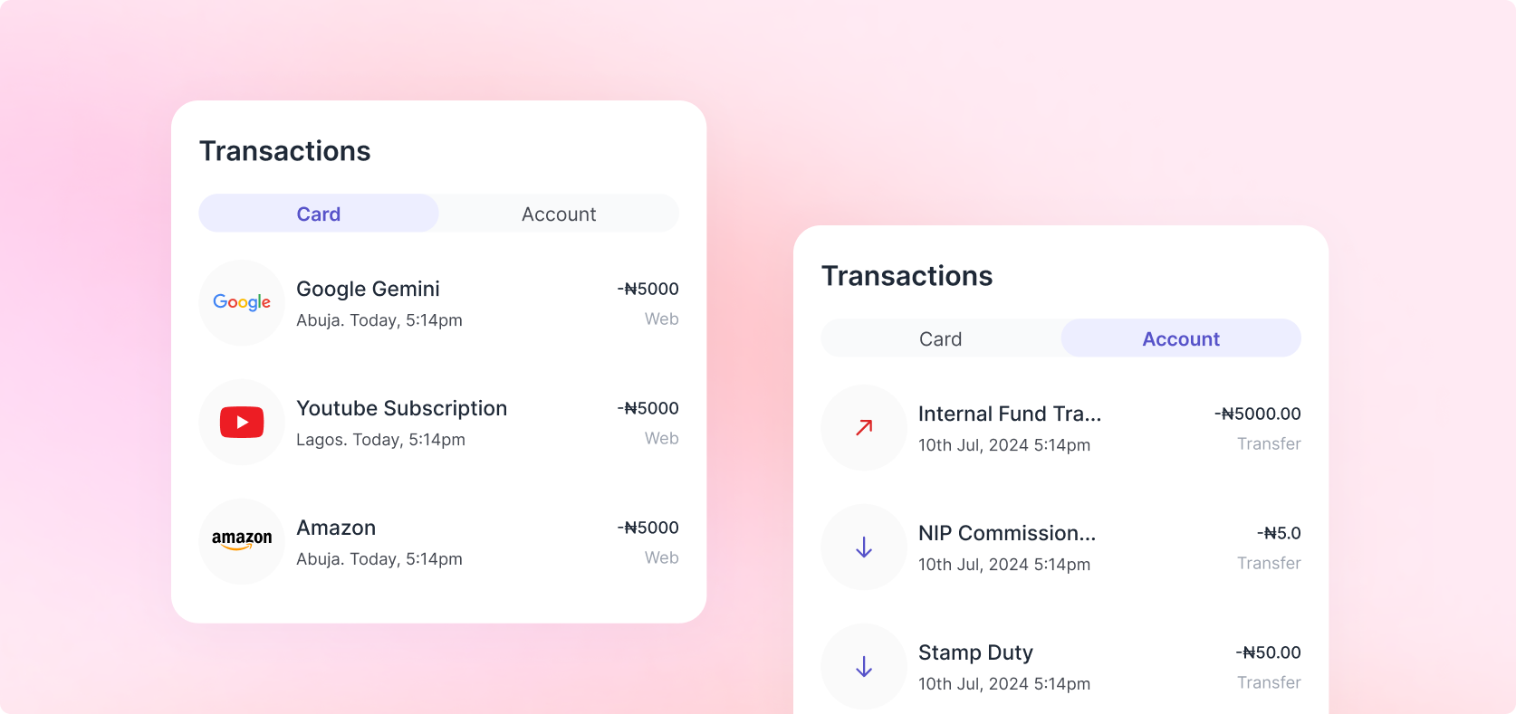 Redesigned transaction experience with account type separation
