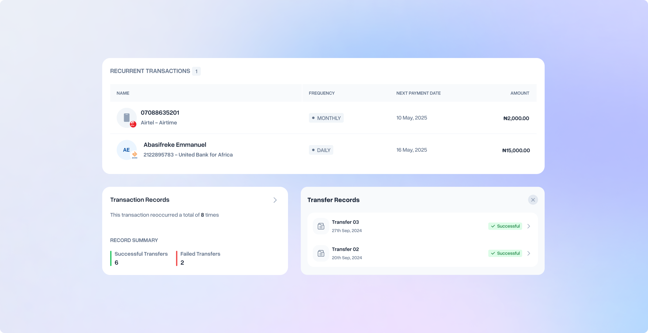 Safe Haven IBS recurring transactions and transfer records screens