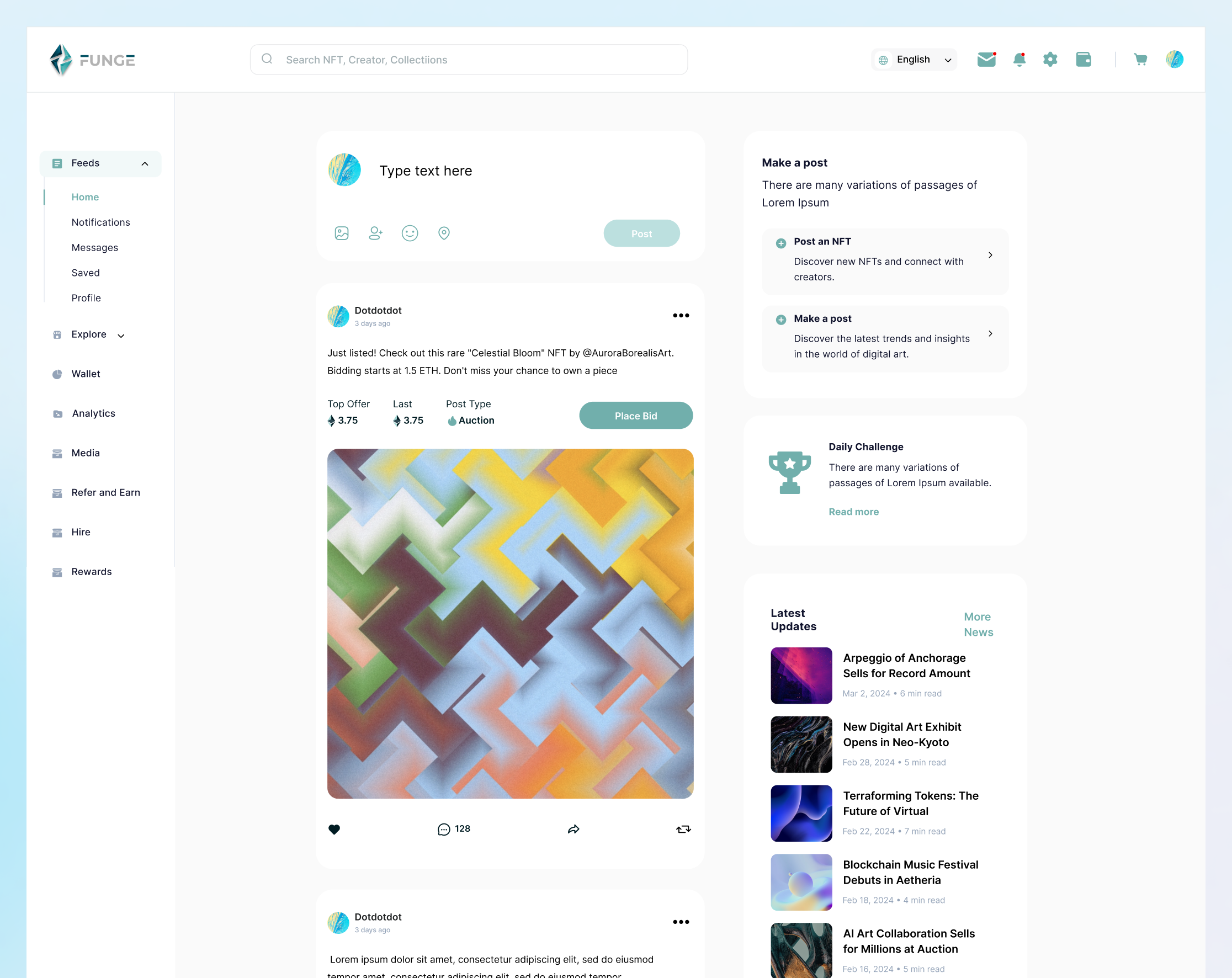 Funge social feed — discovery and commerce view with creator posts, NFT listings, and trending collections