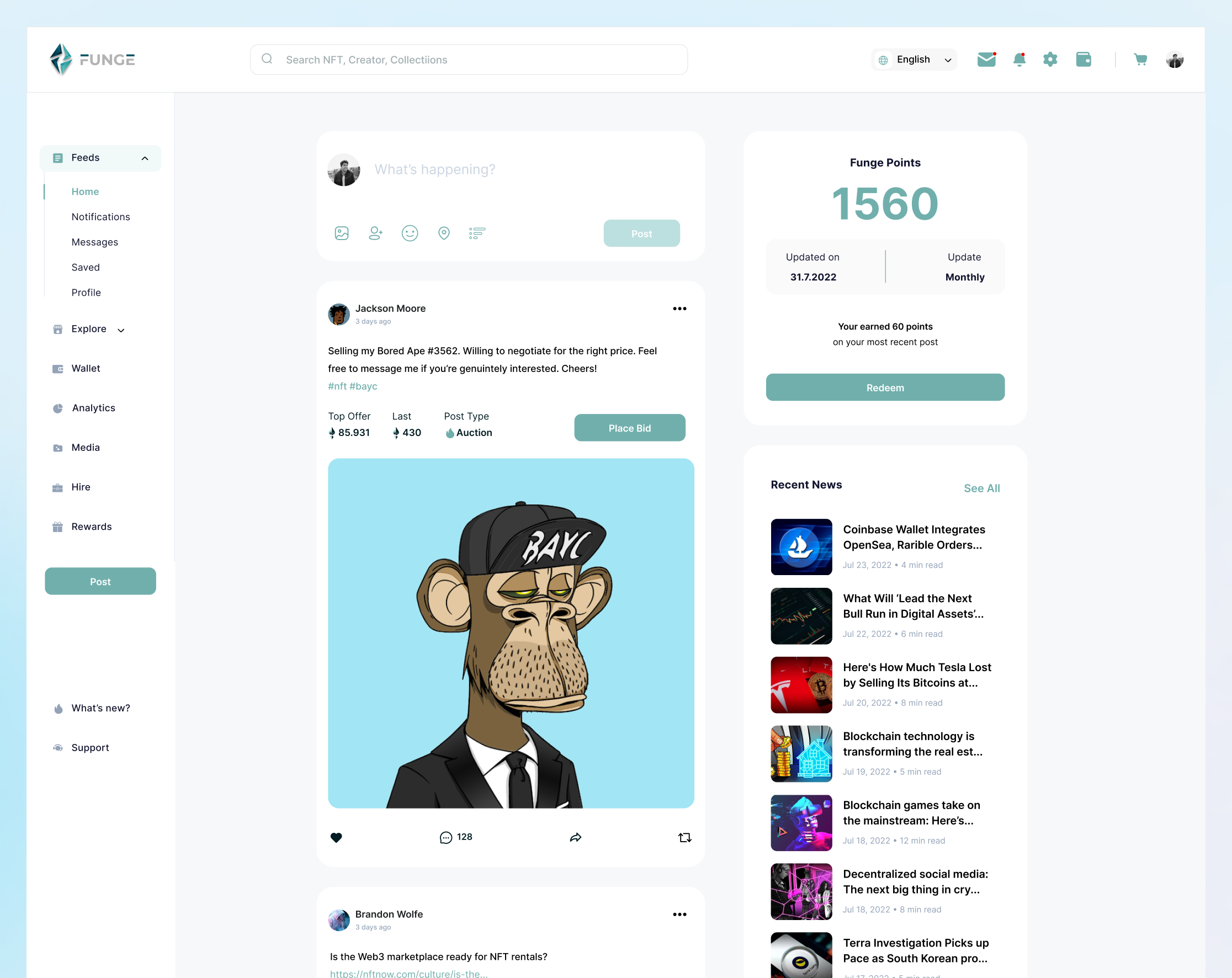Funge social feed — Funge Points rewards panel and recent news integration