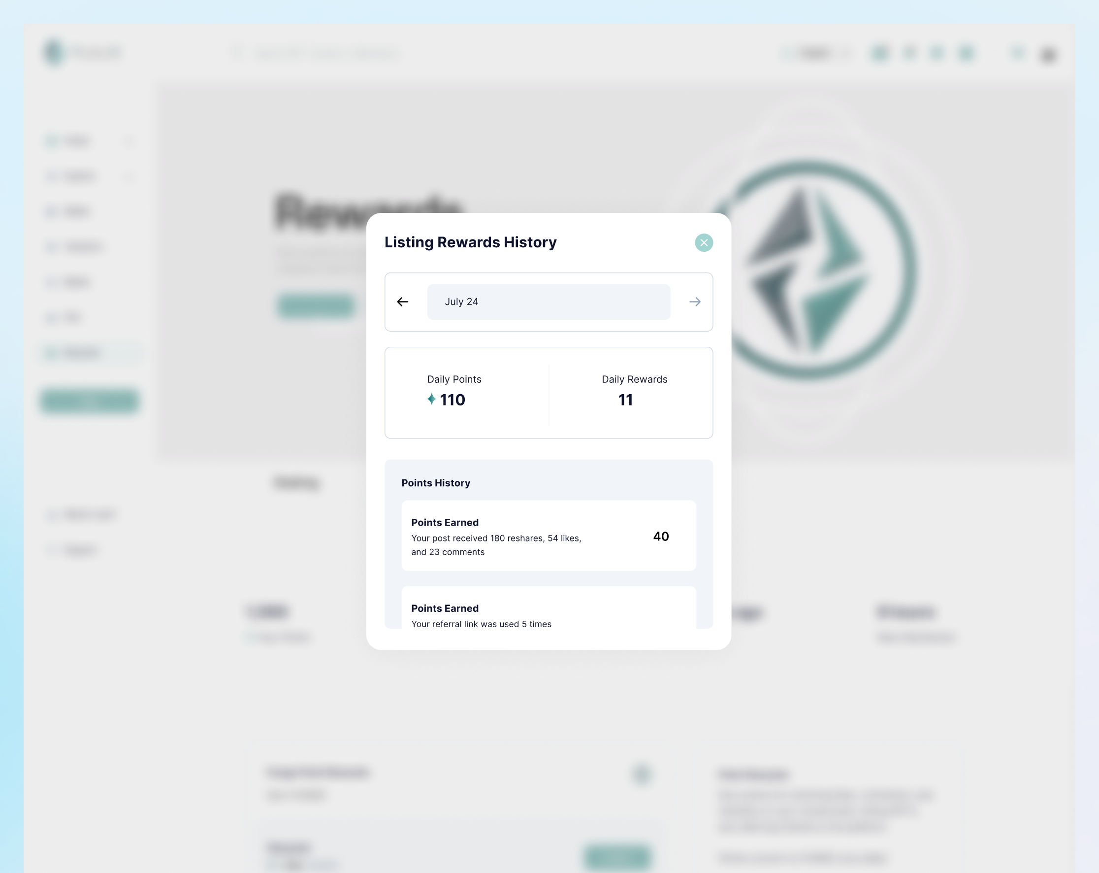 Funge Rewards screen — Listing Rewards History modal showing daily points and rewards breakdown