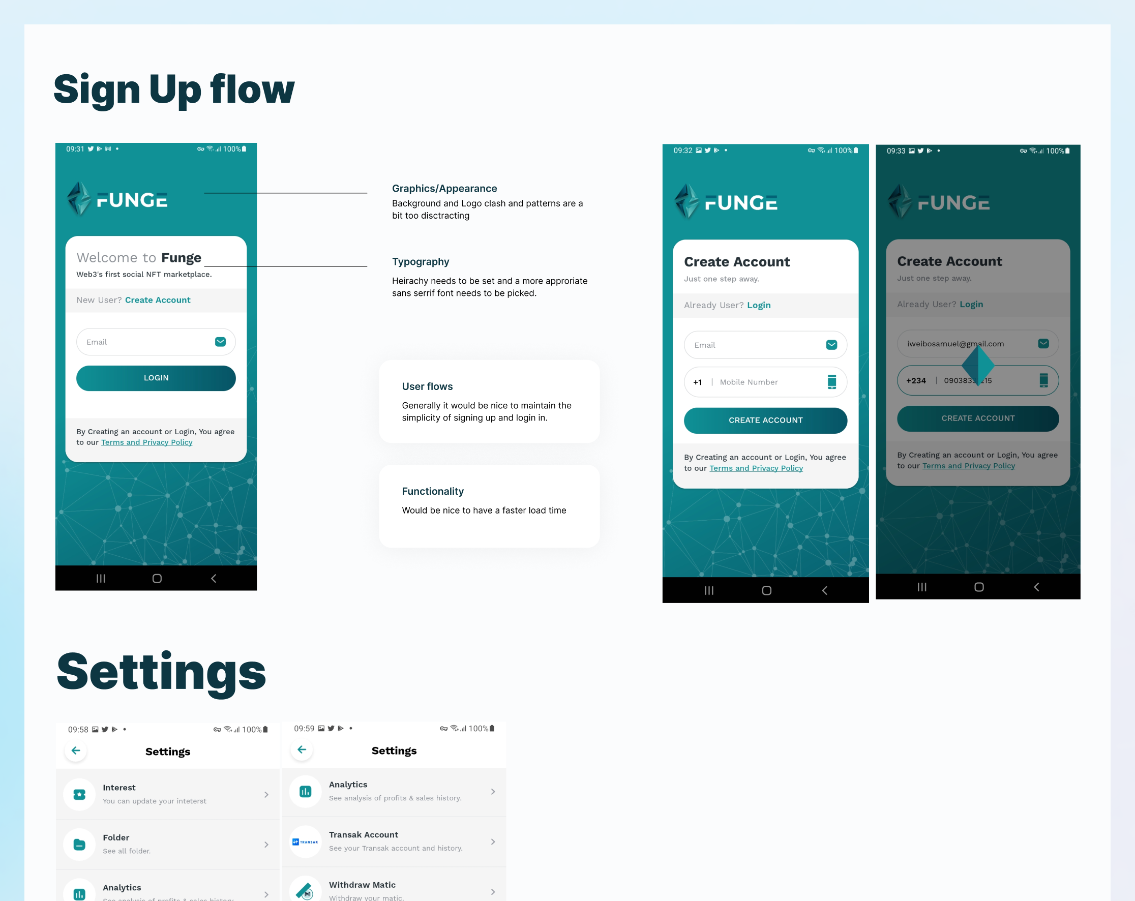 V1 Funge app — Sign Up flow and Settings screenshots
