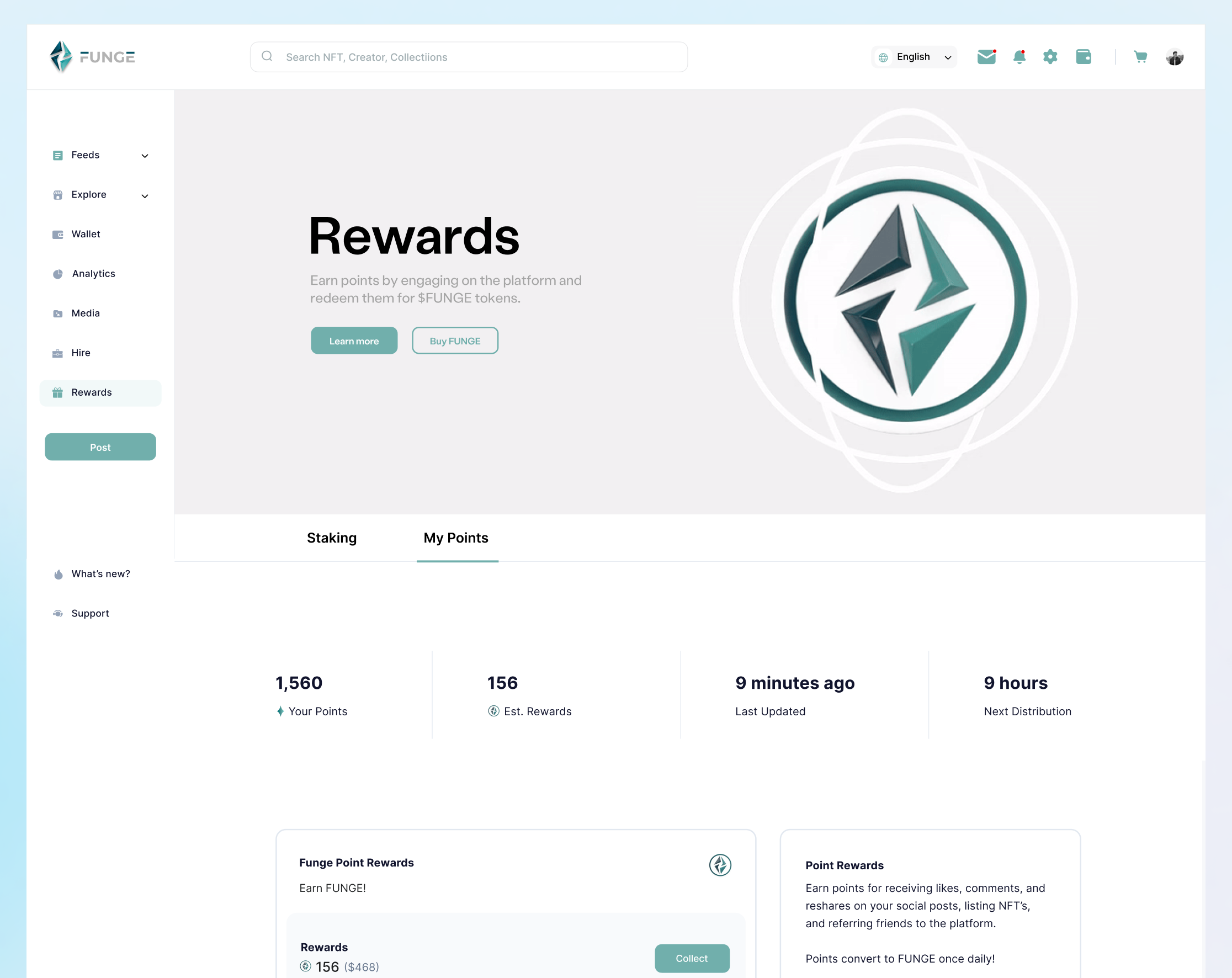 Funge Rewards screen — Staking and My Points tabs with Funge Point Rewards and Point Rewards panels
