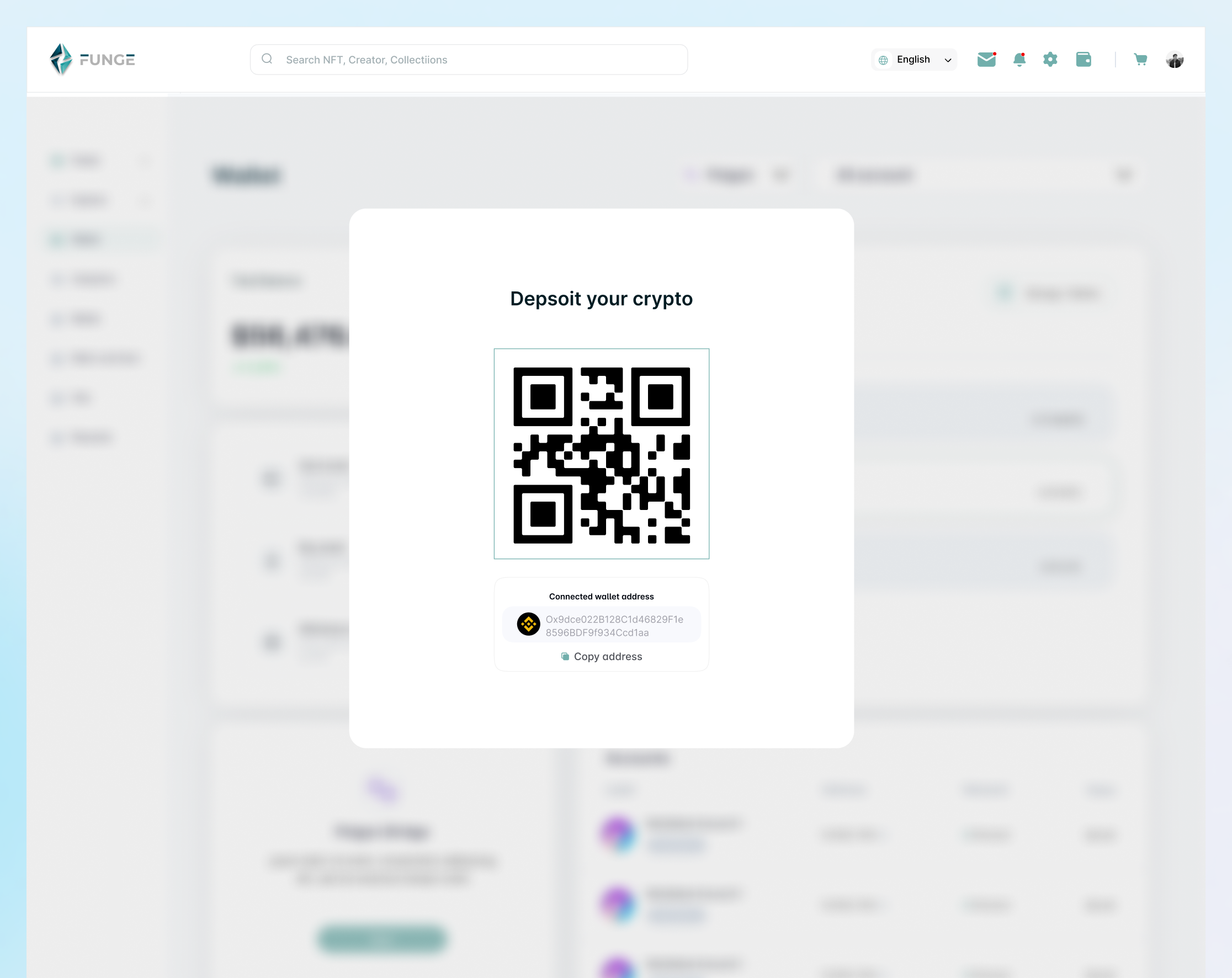 Funge Wallet — Deposit your crypto modal with QR code for wallet address