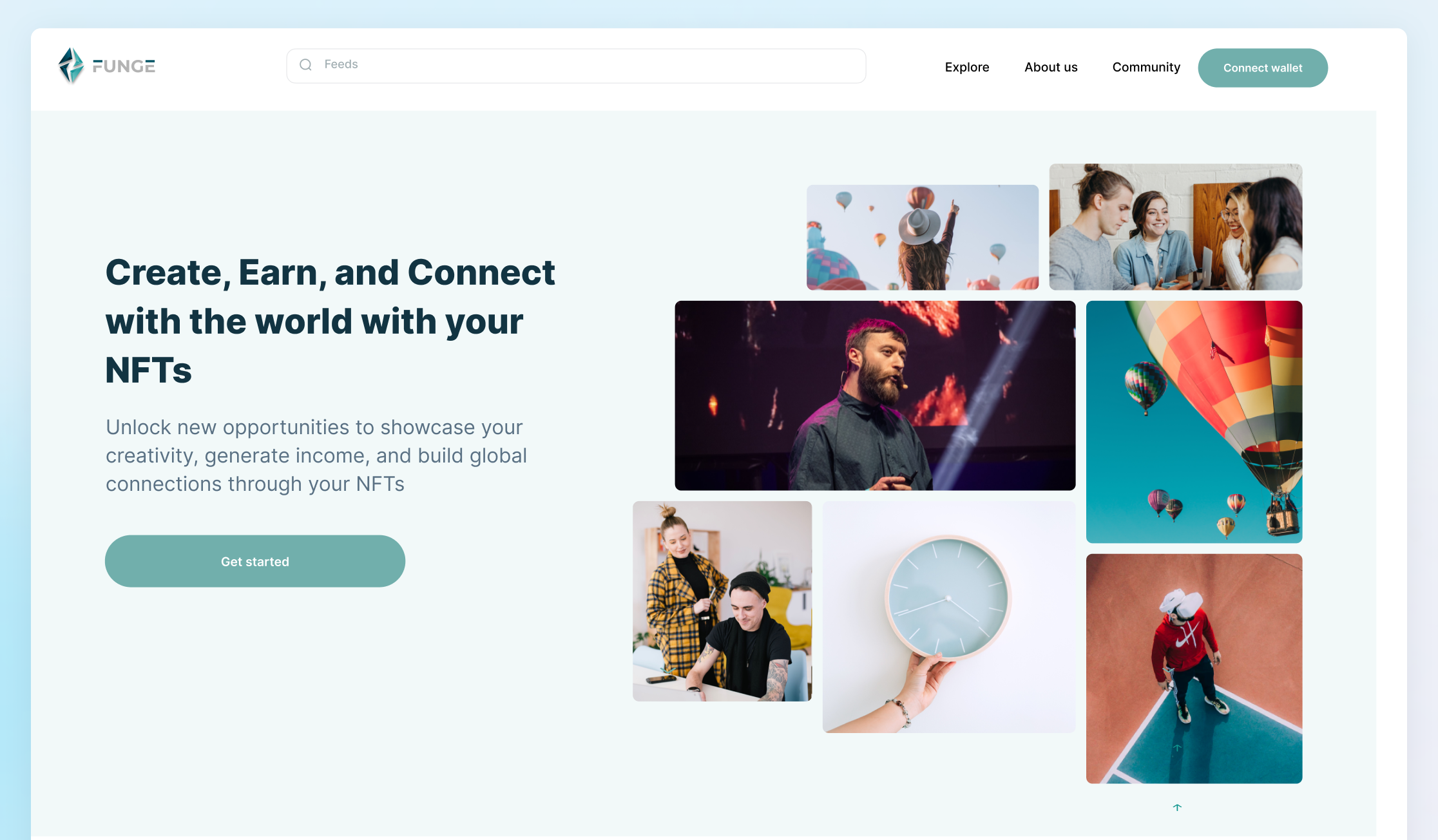 Funge onboarding — landing page with Create, Earn, and Connect hero and NFT image collage