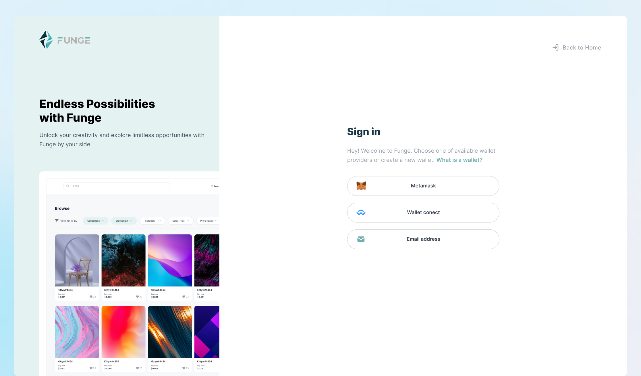 Funge onboarding — Sign In page with social login options and NFT image collage