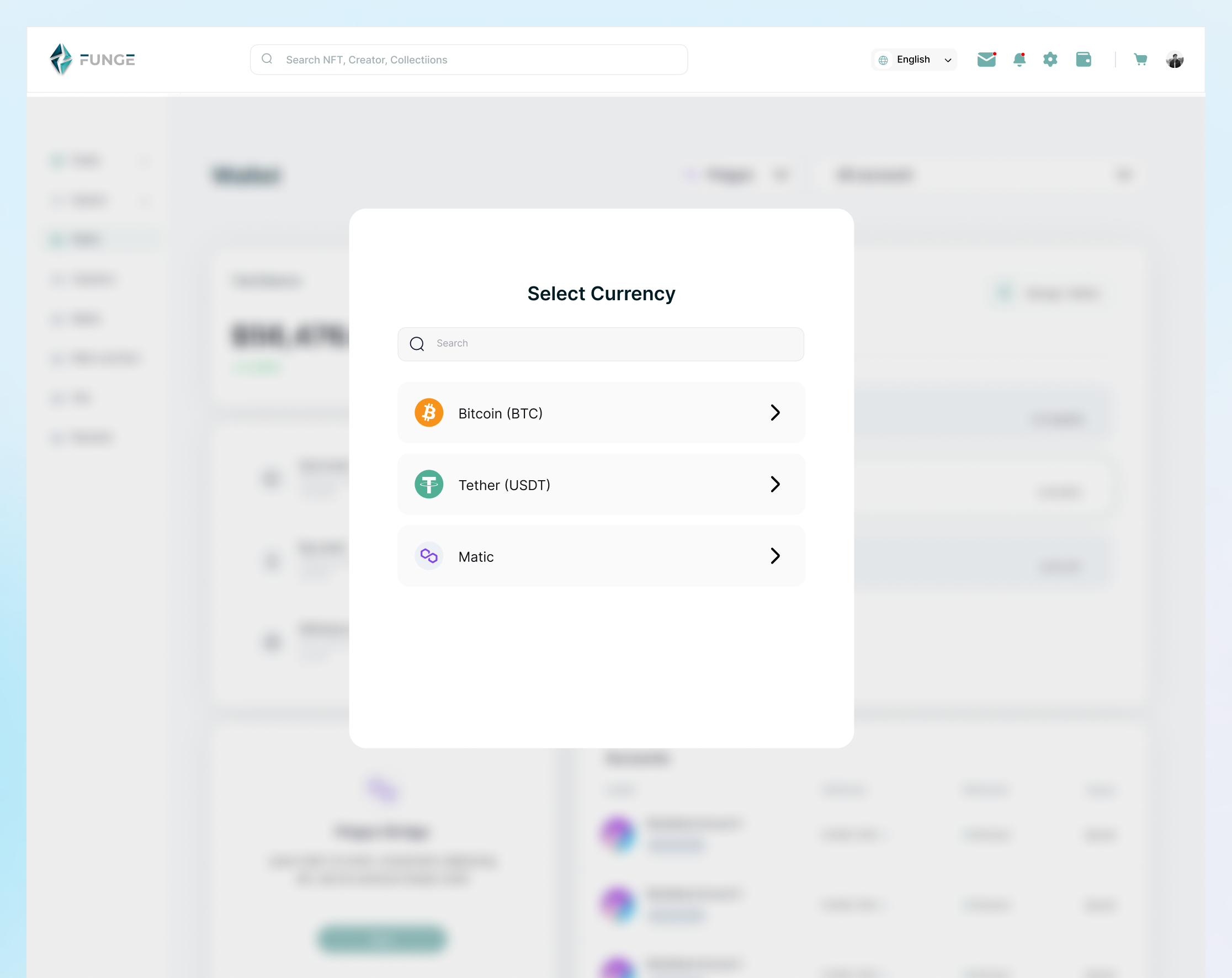 Funge Wallet — Select Currency modal showing Bitcoin, Tether and Matic options